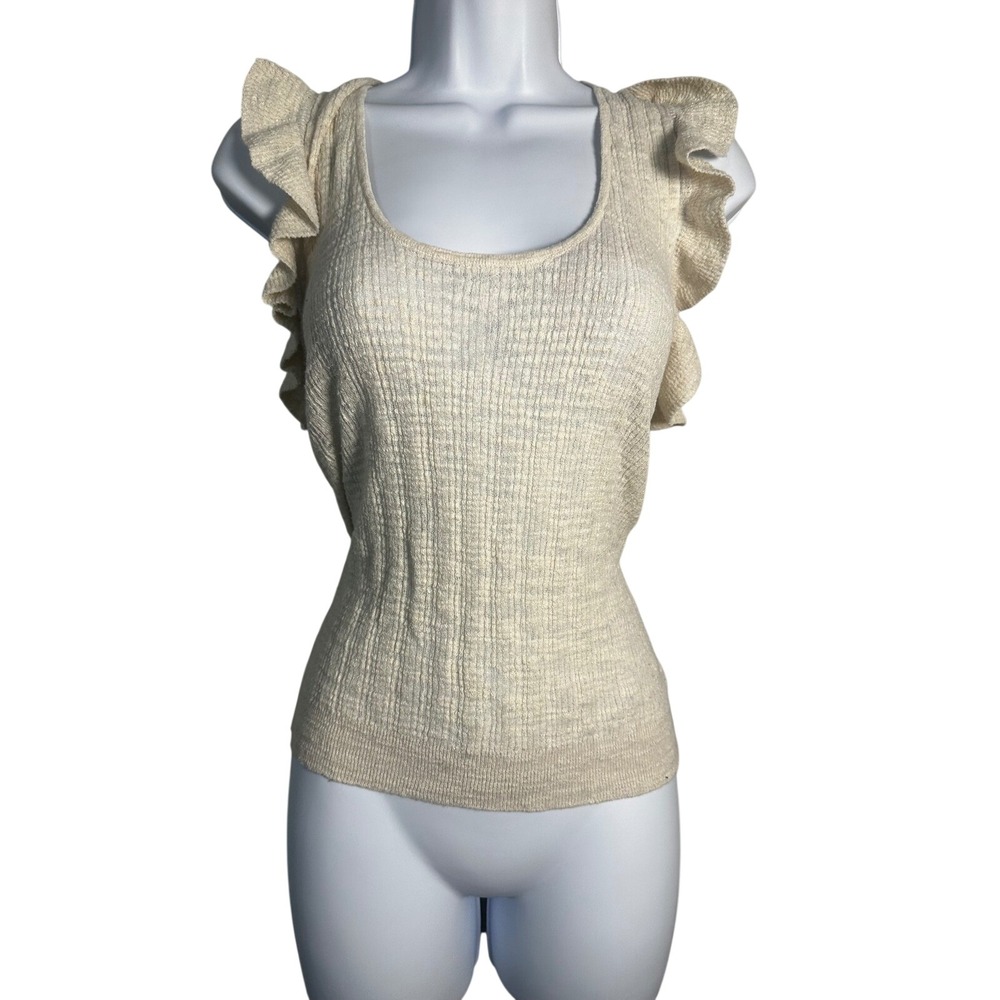 J.Crew‎ Ivory Linen Blend Ruffle Shoulder Sweater Tank Top Small Fitted Ribbed